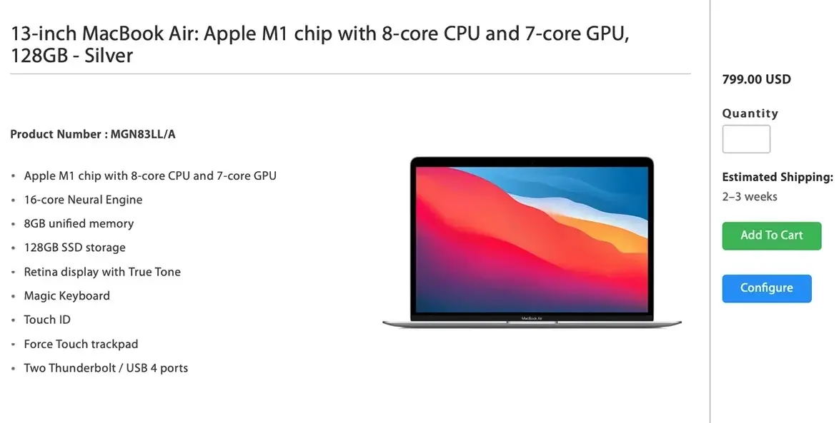 Apple propose un MacBook Air M1 avec 128Go à 799$ pour l'éducation aux US