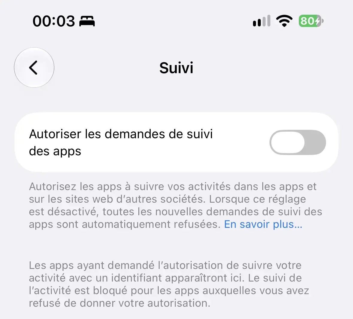 R&eacute;glages > confidentialit&eacute; et s&eacute;curit&eacute; > suivi