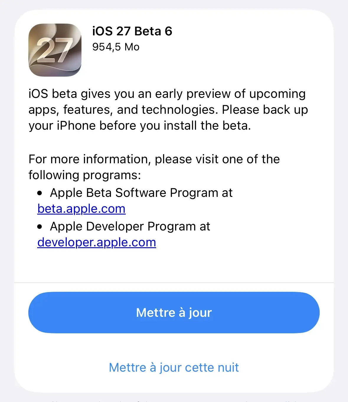 B&ecirc;ta 6 pour iOS 27, iPadOS 27 et macOS 27, mise &agrave; jour de s&eacute;curit&eacute; pour tous les syst&egrave;mes