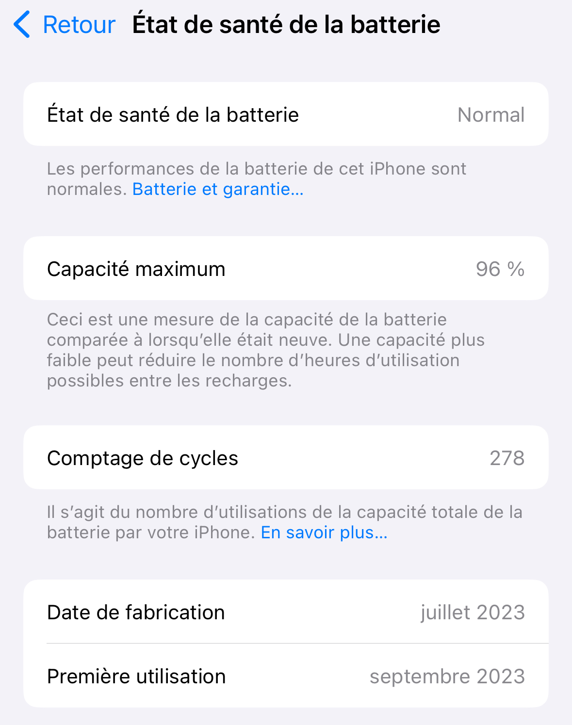 Etat de santé de batterie (iOS 17.4 / iPhone 15 Pro)