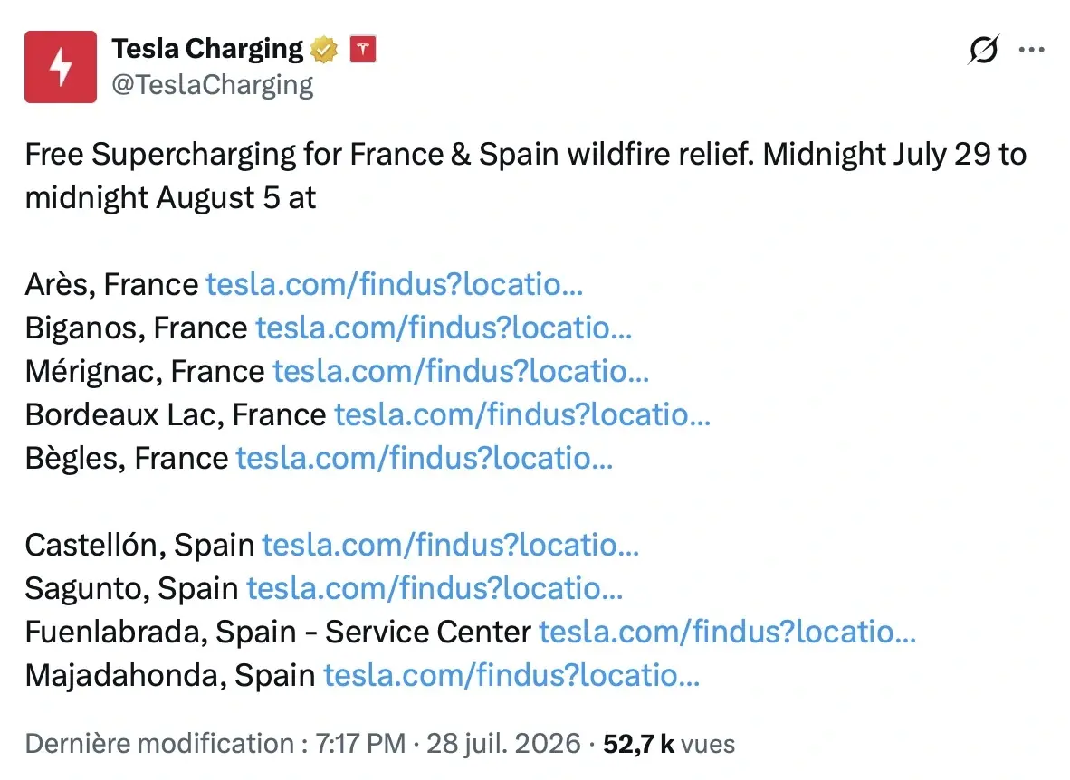 Tesla offre la recharge aux sinistr&eacute;s des incendies en France et en Espagne