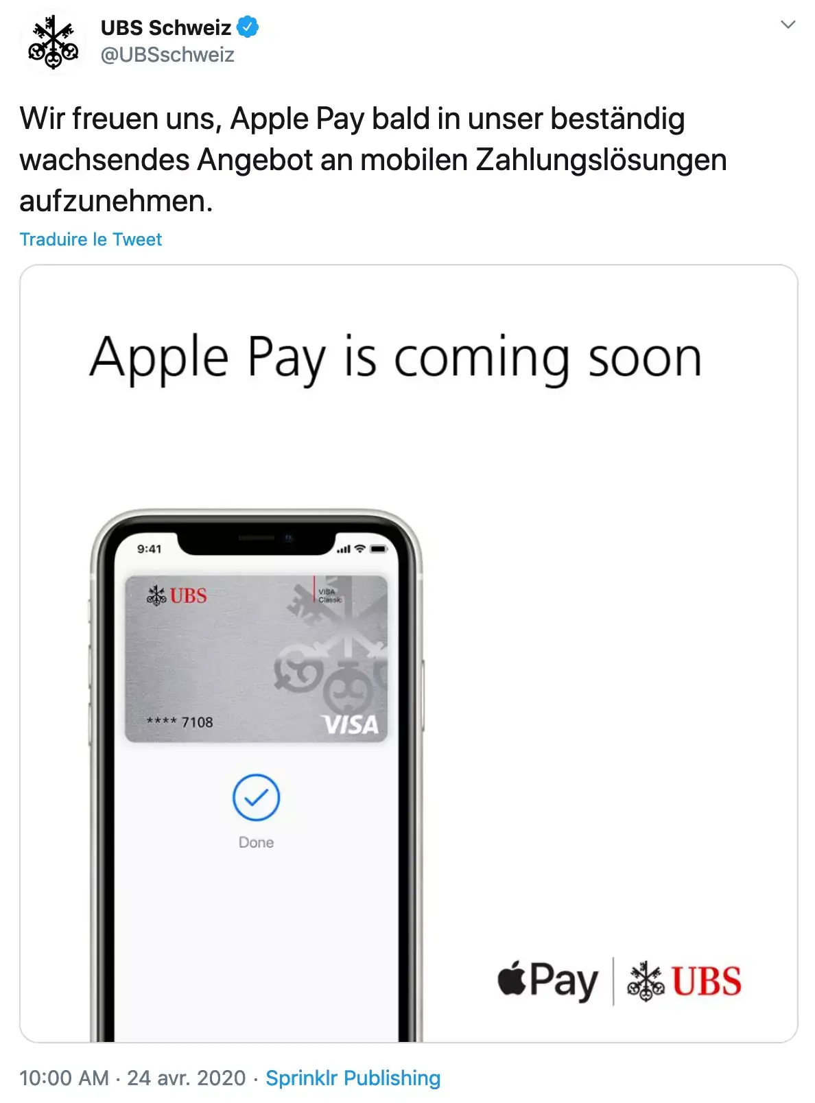 Apple Pay arrive chez UBS Suisse dans les prochaines semaines