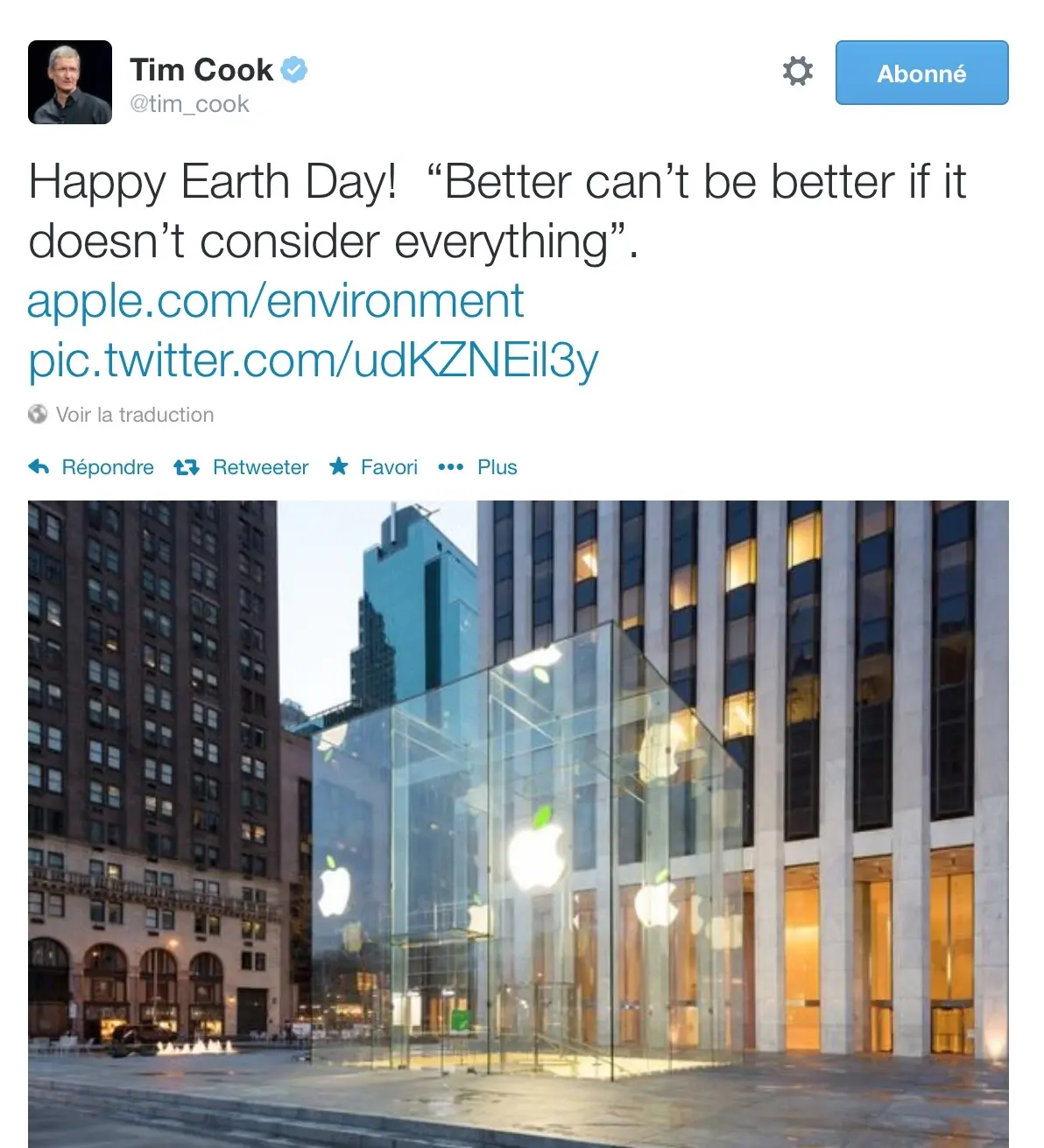 Tim Cook : "Joyeuse Journée de la Terre !"