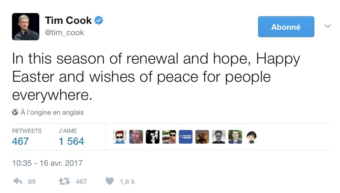 Tim Cook : "Joyeuses Pâques à tous !"