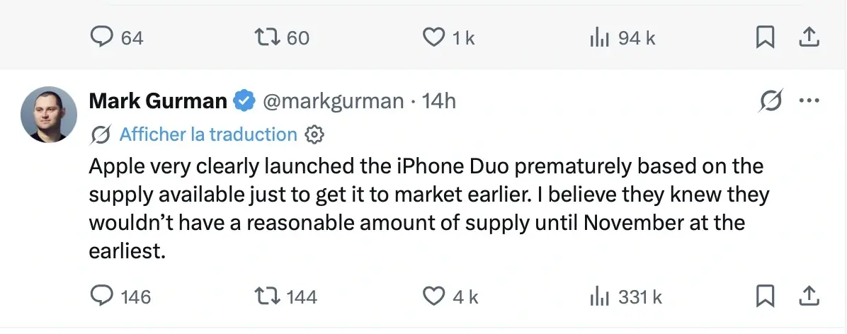 Mega rupture de stock pour l'iPhone Duo&nbsp;: gros succ&egrave;s, sp&eacute;culations ou stocks limit&eacute;s&nbsp;?