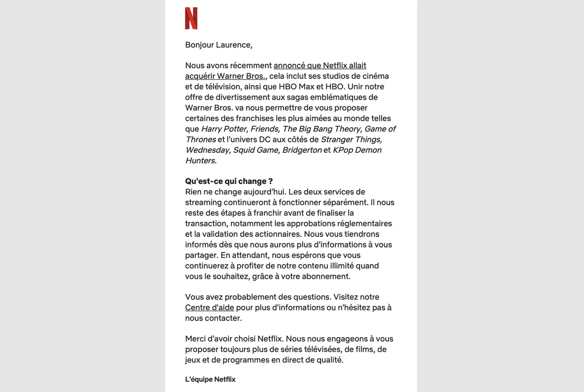 Le petit mail que les abonnés Netflix ont reçu !