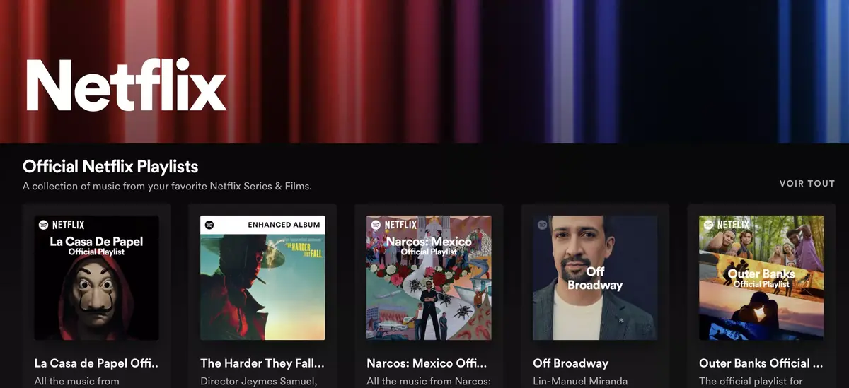 Spotify propose une page unique dédiée aux playlists et des podcasts des séries de Netflix