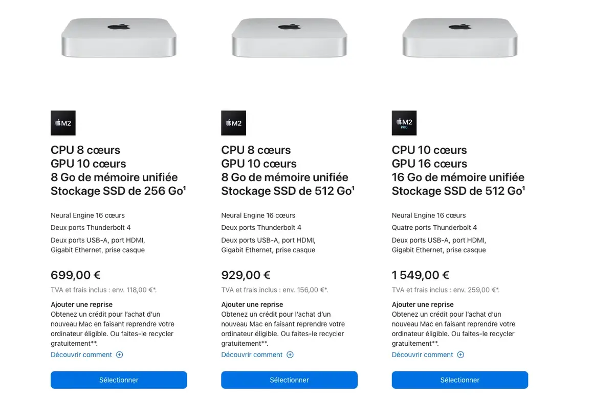 Les anciens prix des Mac mini M2