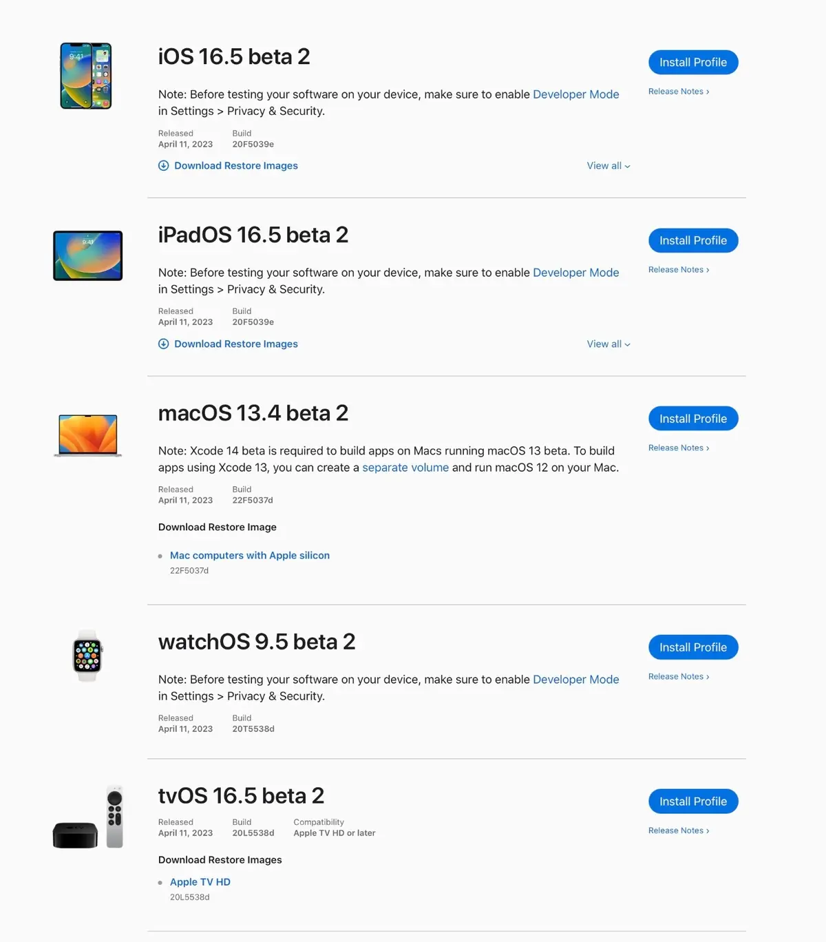 Deuxième vague de bêta pour macOS 13.4, iOS/iPadOS/tvOS 16.5, watchOS 9.5