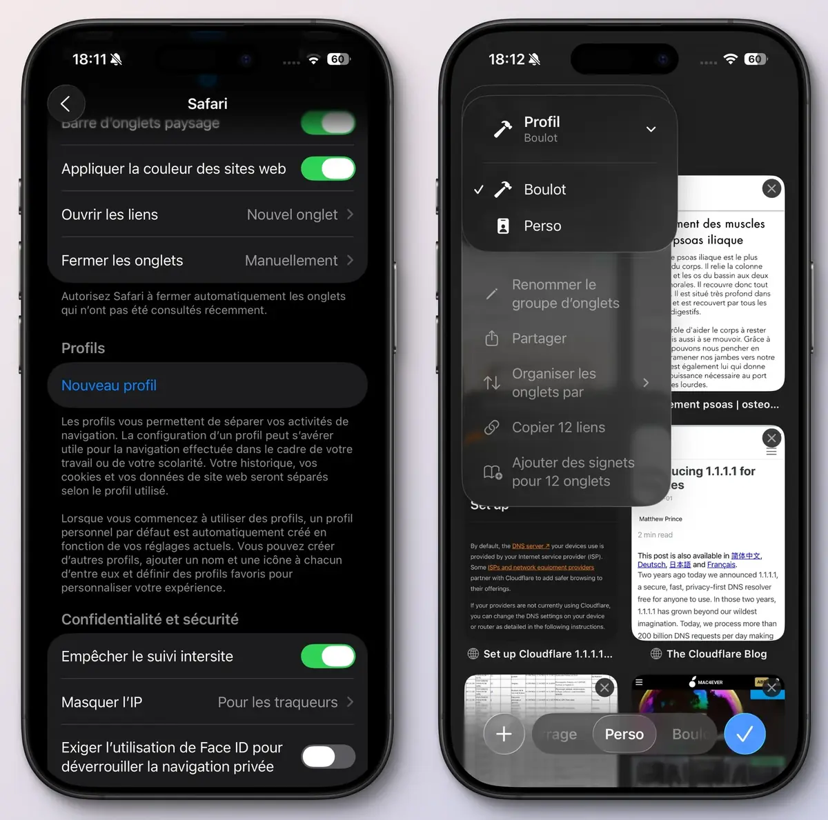 La gestion des profils associés aux groupes d'onglets fait de Safari un navigateur complet.