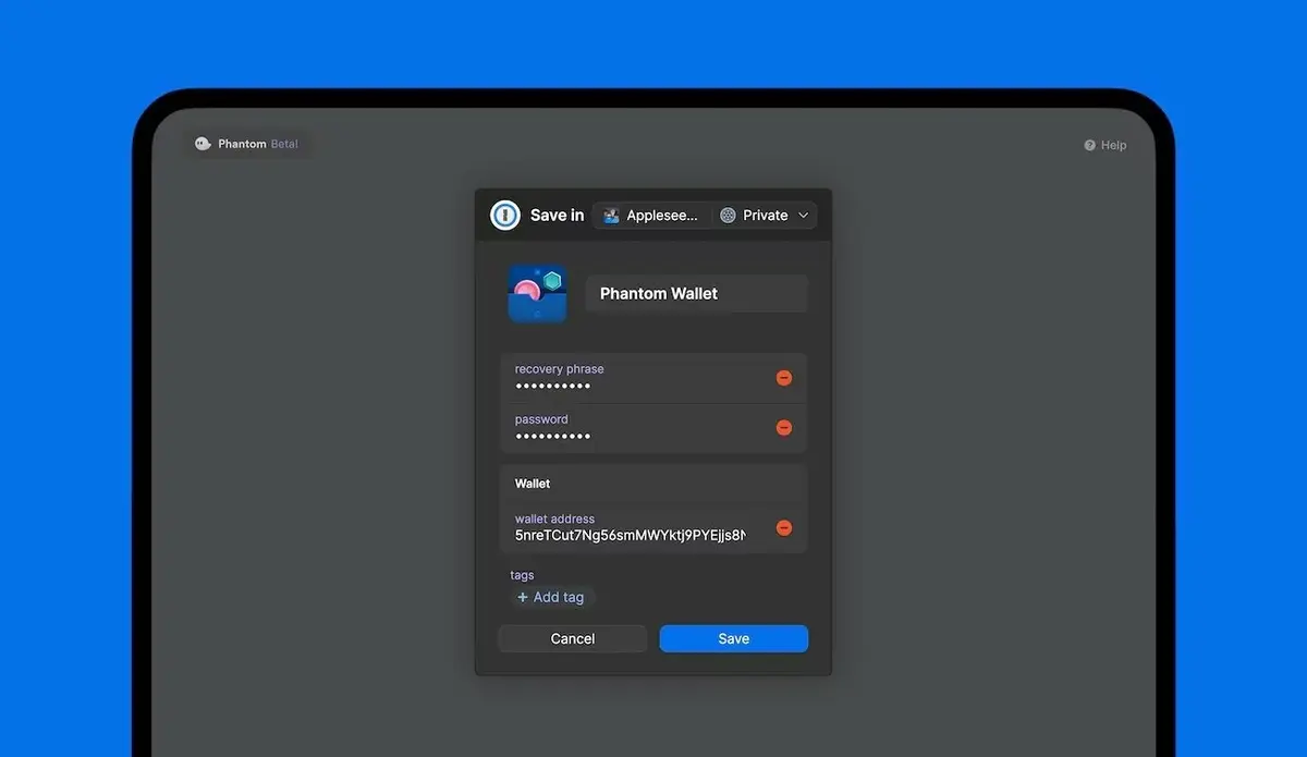 1password propose un support avec Phantom Technologies (portefeuilles numériques)