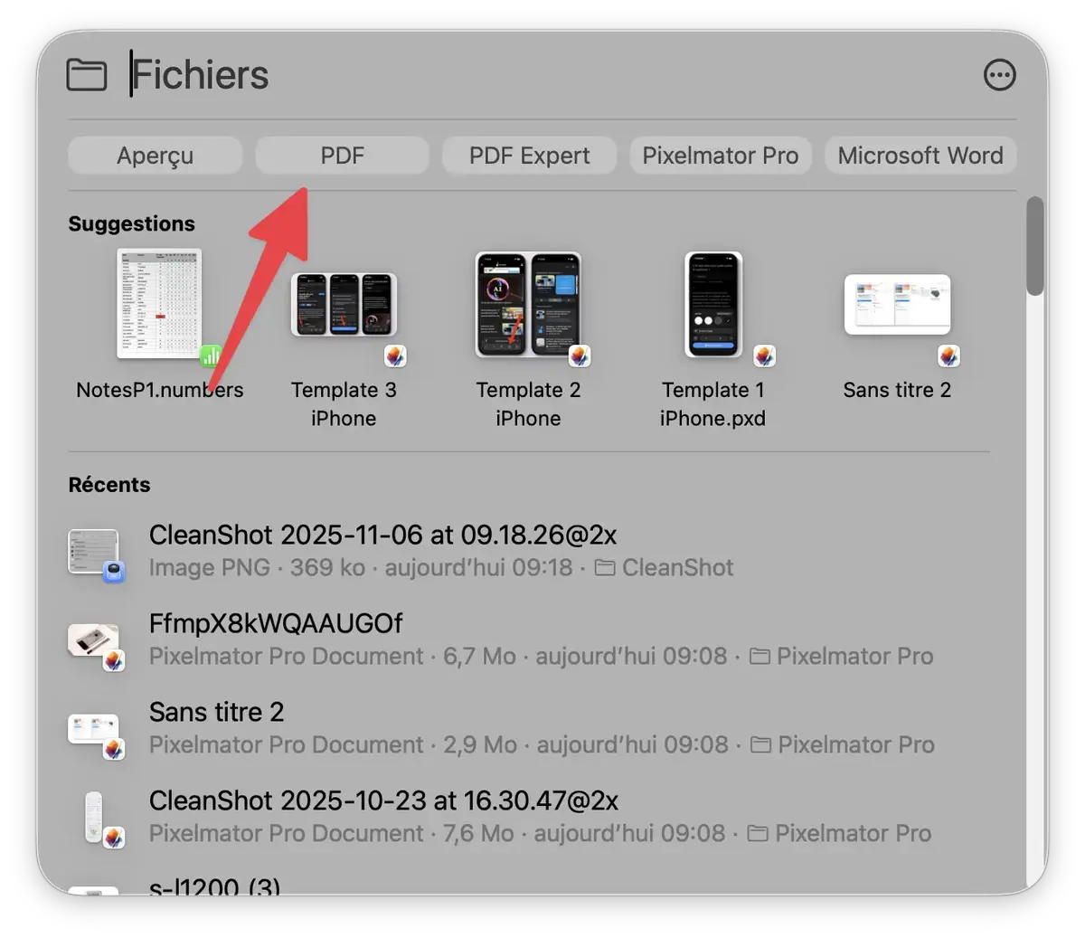 Vous pouvez limiter les types de fichiers à afficher.