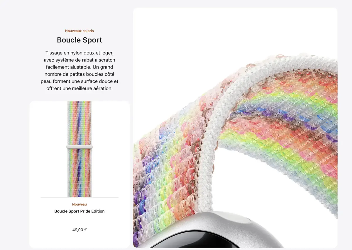 Apple d&eacute;voile son bracelet Pride 2026 pour Apple Watch avec un cadran in&eacute;dit