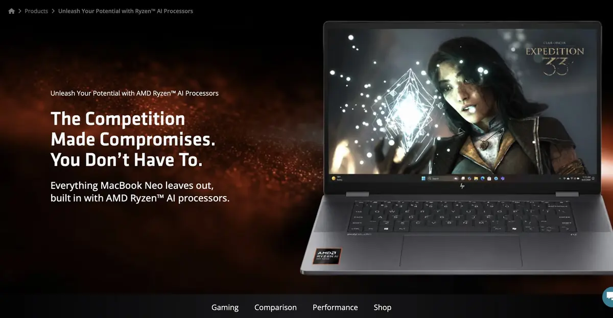 AMD jure que ses PC &agrave; bas prix &eacute;crasent le MacBook Neo au jeu, sauf qu'il y a un d&eacute;tail g&ecirc;nant