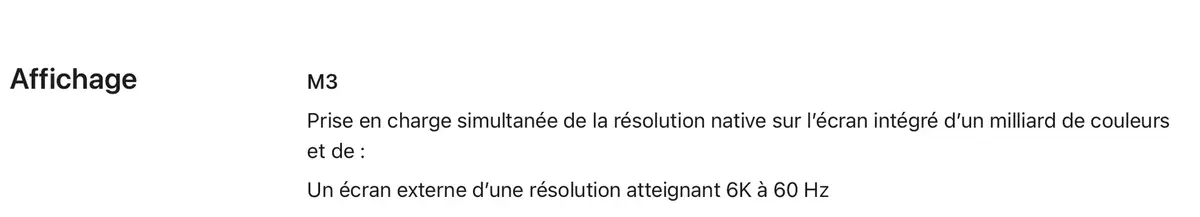 Apple n'a pas encore modifié la fiche technique des MacBook Pro M3 sur le site officiel, que ce soit aux US ou en France