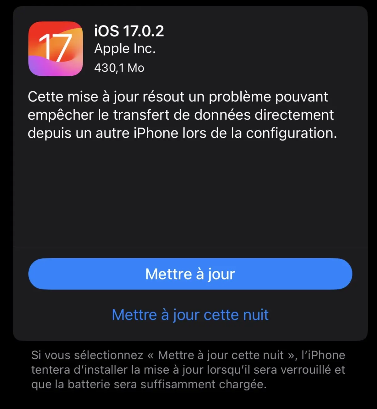 iOS 17.0.2 corrige un bug de transfert de données entre iPhone