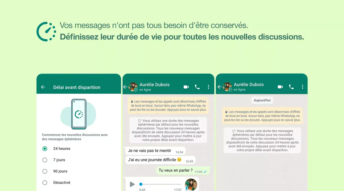 WhatsApp propose des messages éphémères par défaut (24 heures, 7 ou 90 jours) 