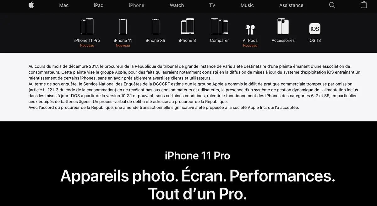 Apple France publie la condamnation de la DGCCRF sur sa page dédiée à l'iPhone