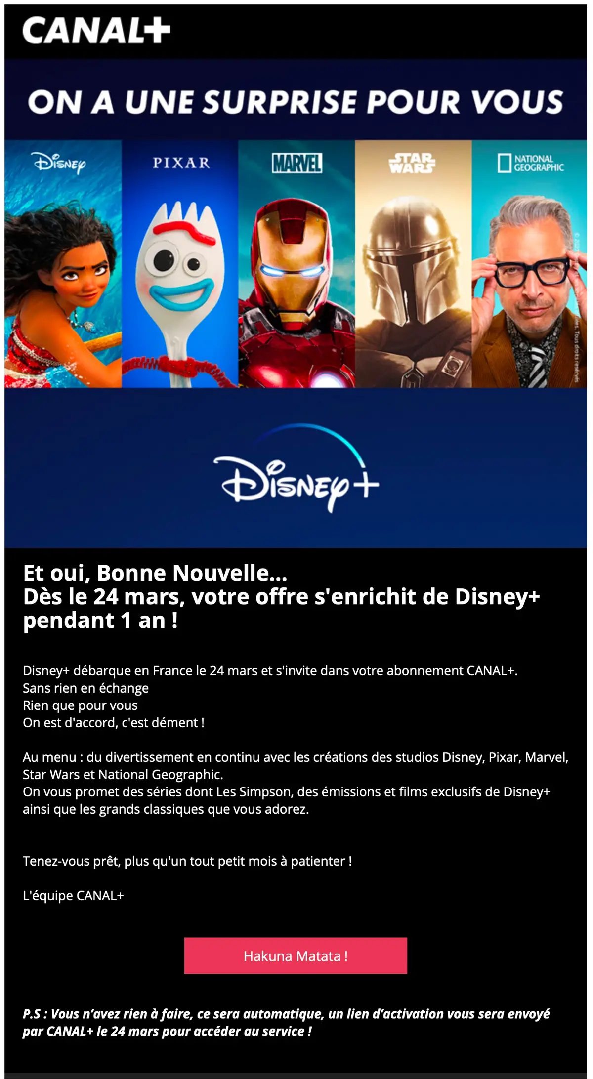 Disney+ inclus dans l'abonnement CANAL+ (sans supplément)