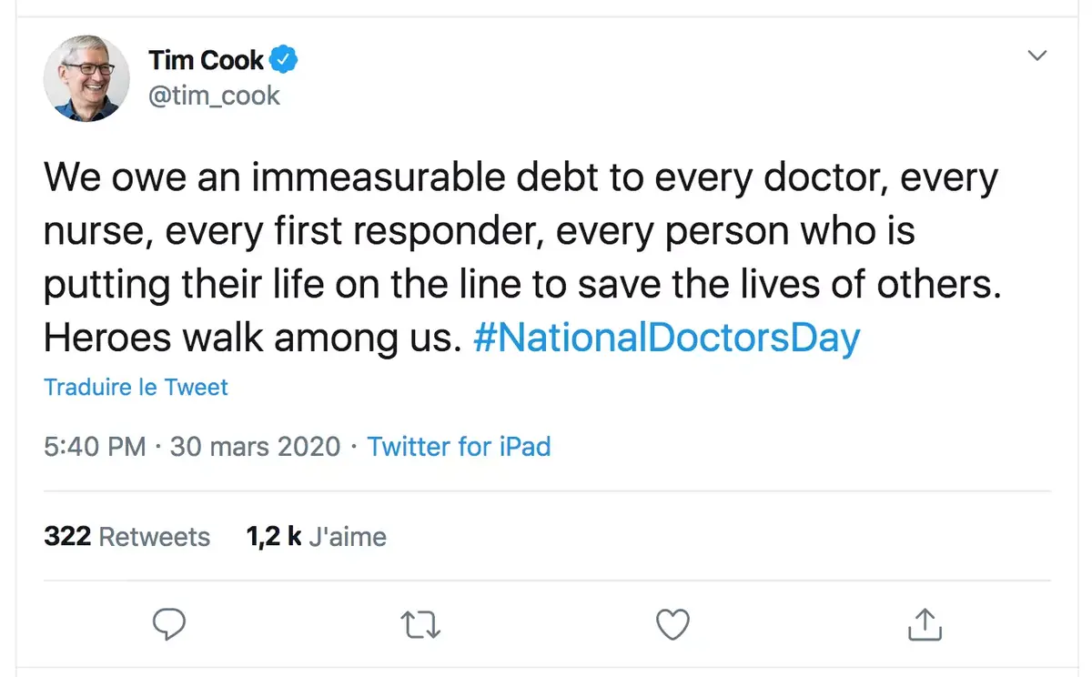 Tim Cook remercie tous les soignants #NationalDoctorsDay