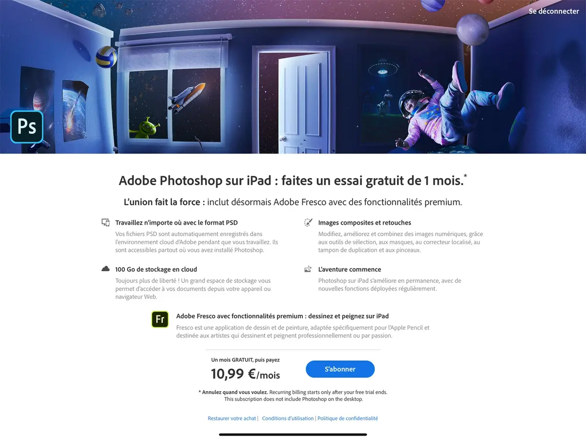 Adobe Photoshop et Fresco Premium en offre groupée à 10,99€ par mois