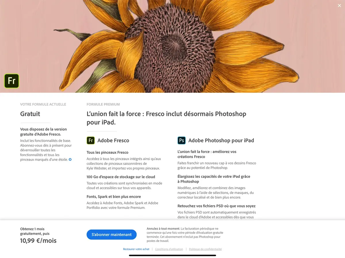 Adobe Photoshop et Fresco Premium en offre groupée à 10,99€ par mois