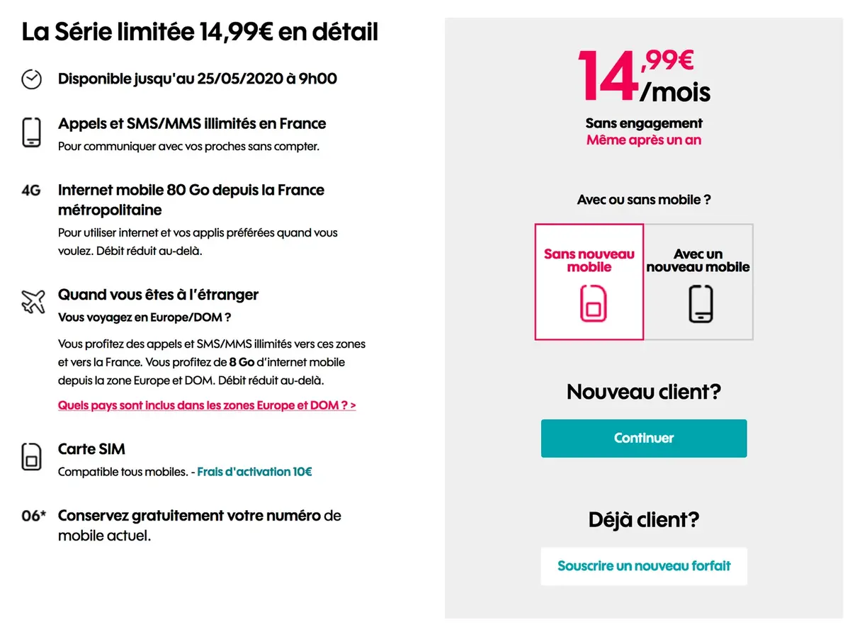 Sosh : un forfait appels illimités 80 Go à 14,99€/mois jusqu'au 25 mai !