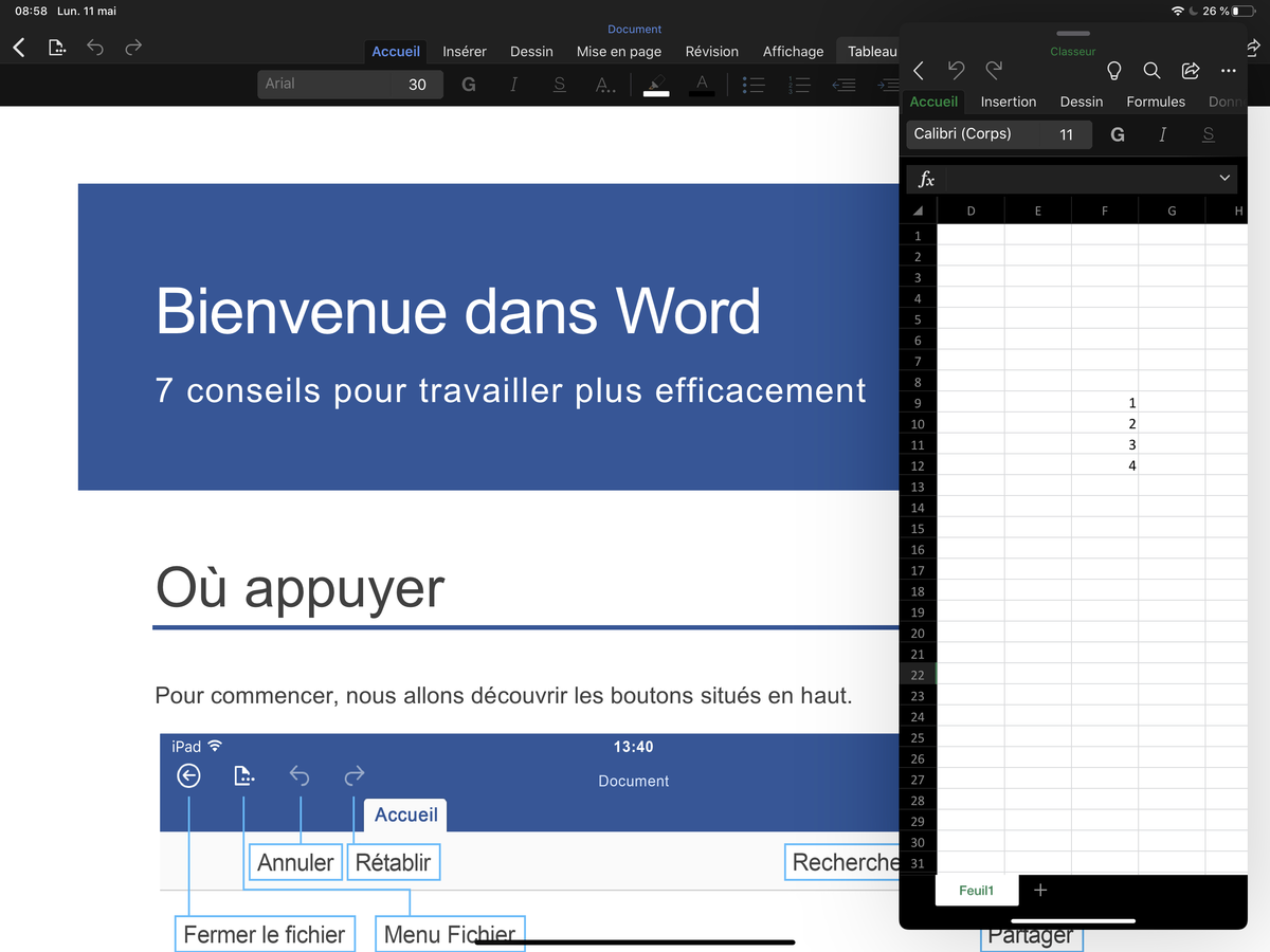 Microsoft Office pour iPad gère enfin l'écran partagé (SplitView), mais pas le curseur