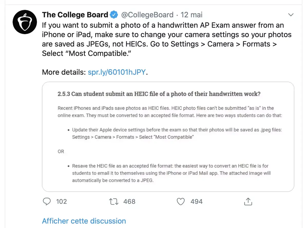 Les photos HEIC de l'iPhone font échouer des étudiants à leur examen