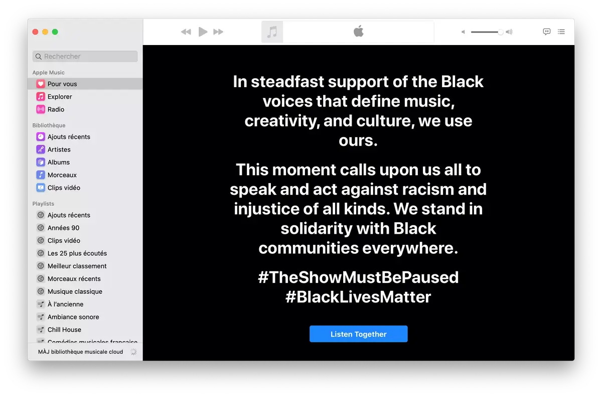 Les pages d'accueil de l'iTunes Store et d'Apple Music sont closes #BlackOutTuesday