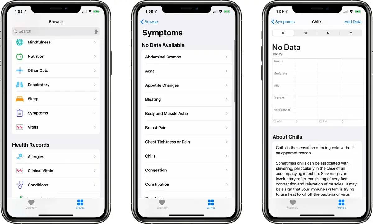 iOS 13.6 bêta 2 : l'app Santé propose une section "Symptômes" #covid-19