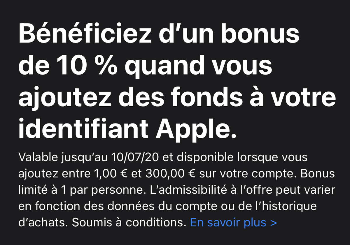 Un bonus de 10% en créditant un compte sur l'App Store