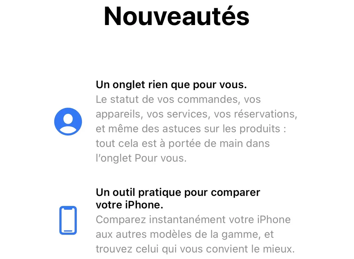 L’app Apple Store : onglet "Pour vous" et comparatif d’iPhone