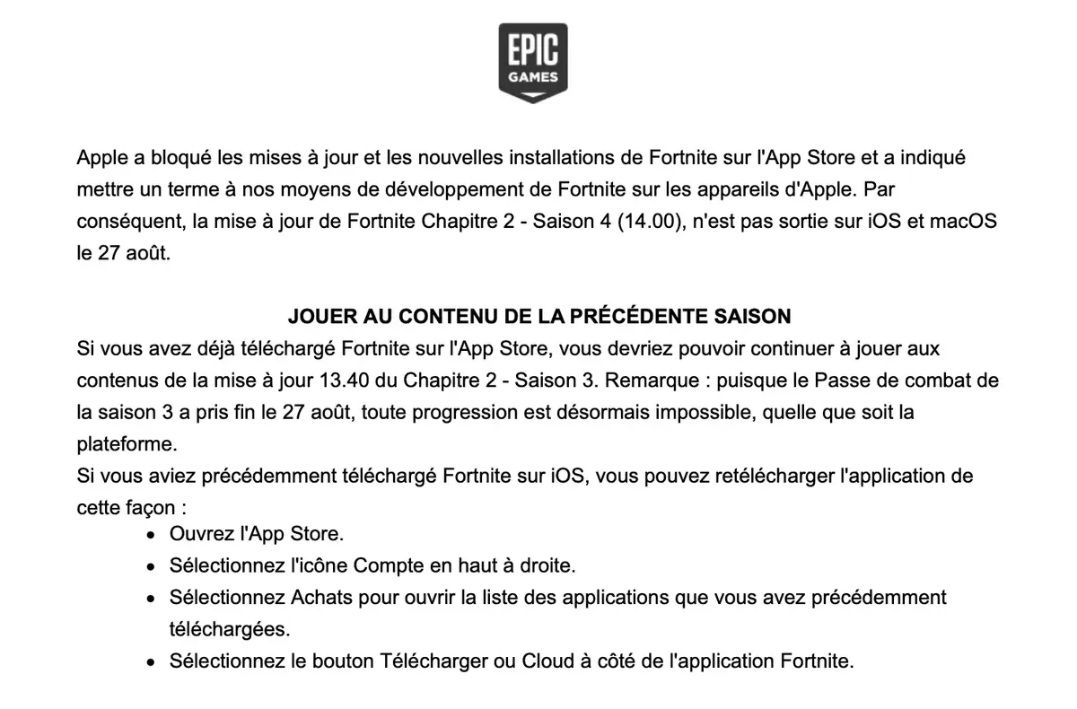 Fortnite : Epic justifie sa décision d'exclure les joueurs sous iOS /macOS