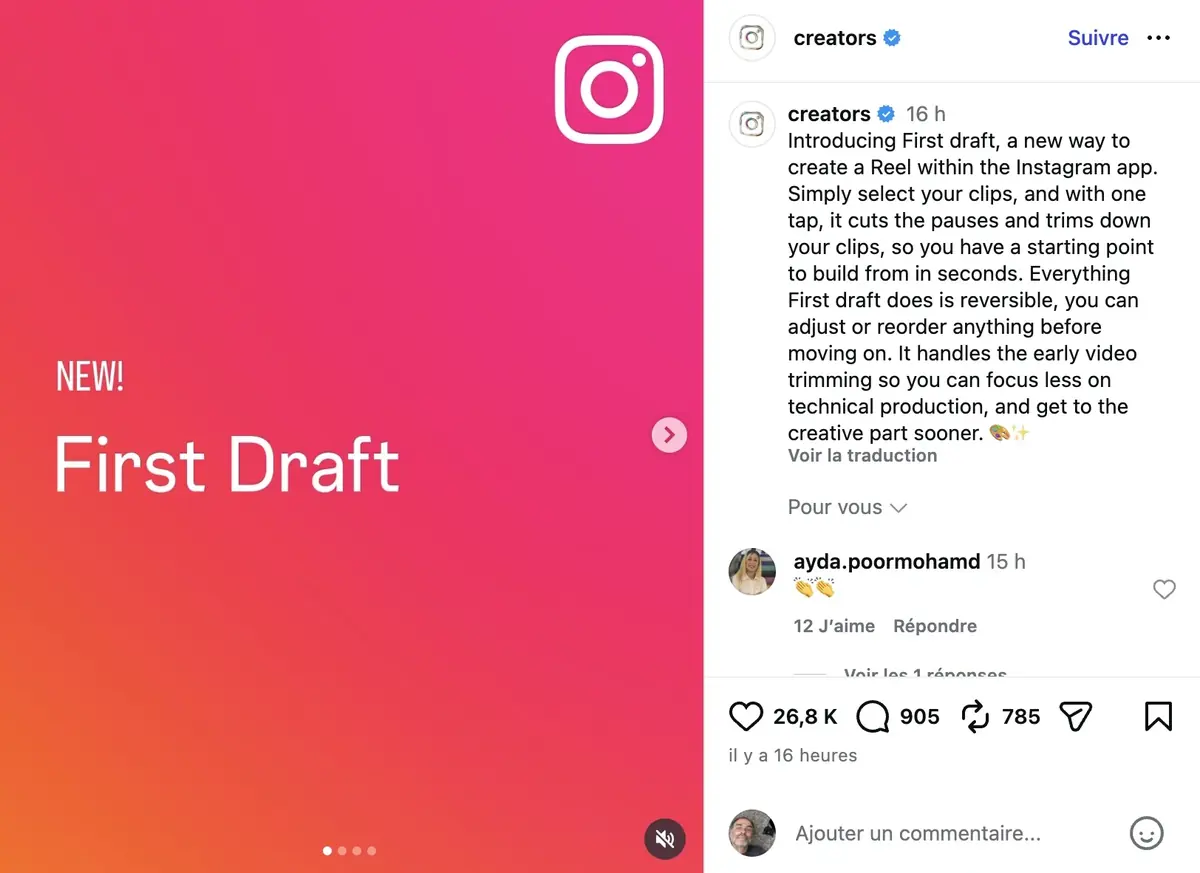 Instagram monte vos Reels tout seul en moins de dix secondes avec First Draft