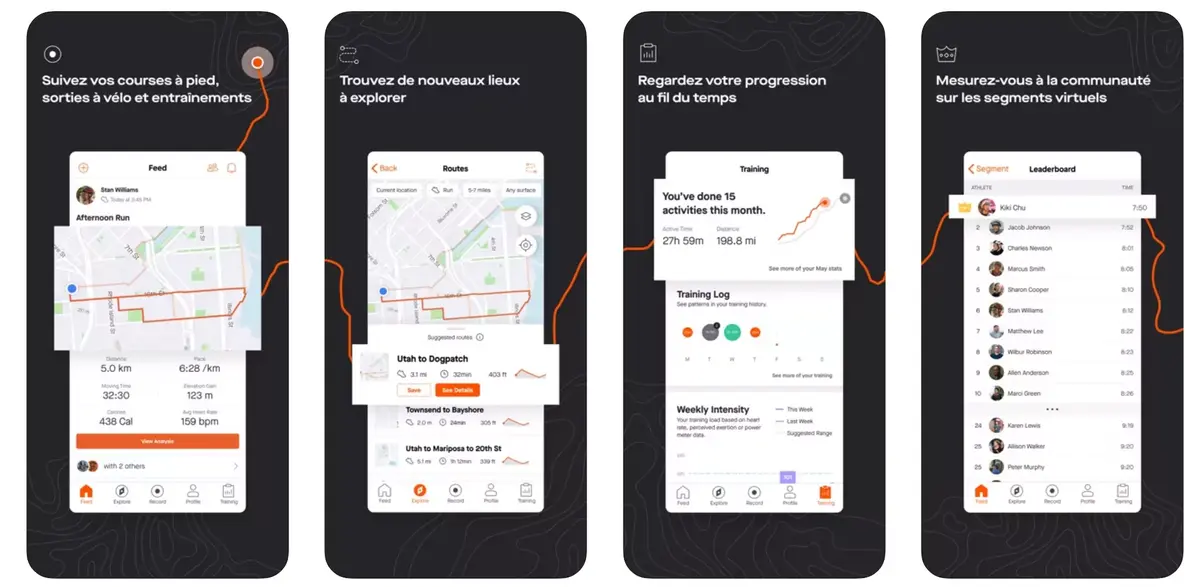 Strava propose des codes couleurs en fonction des efforts fournis