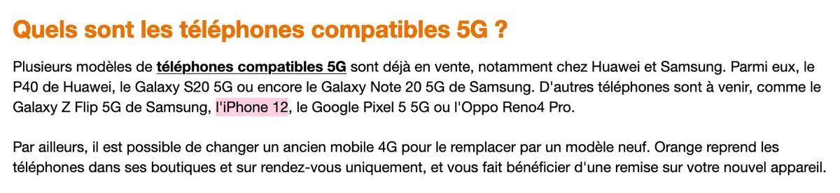 Orange fait un petit clin d’œil officiel à l'iPhone 12 5G dans ses FAQ