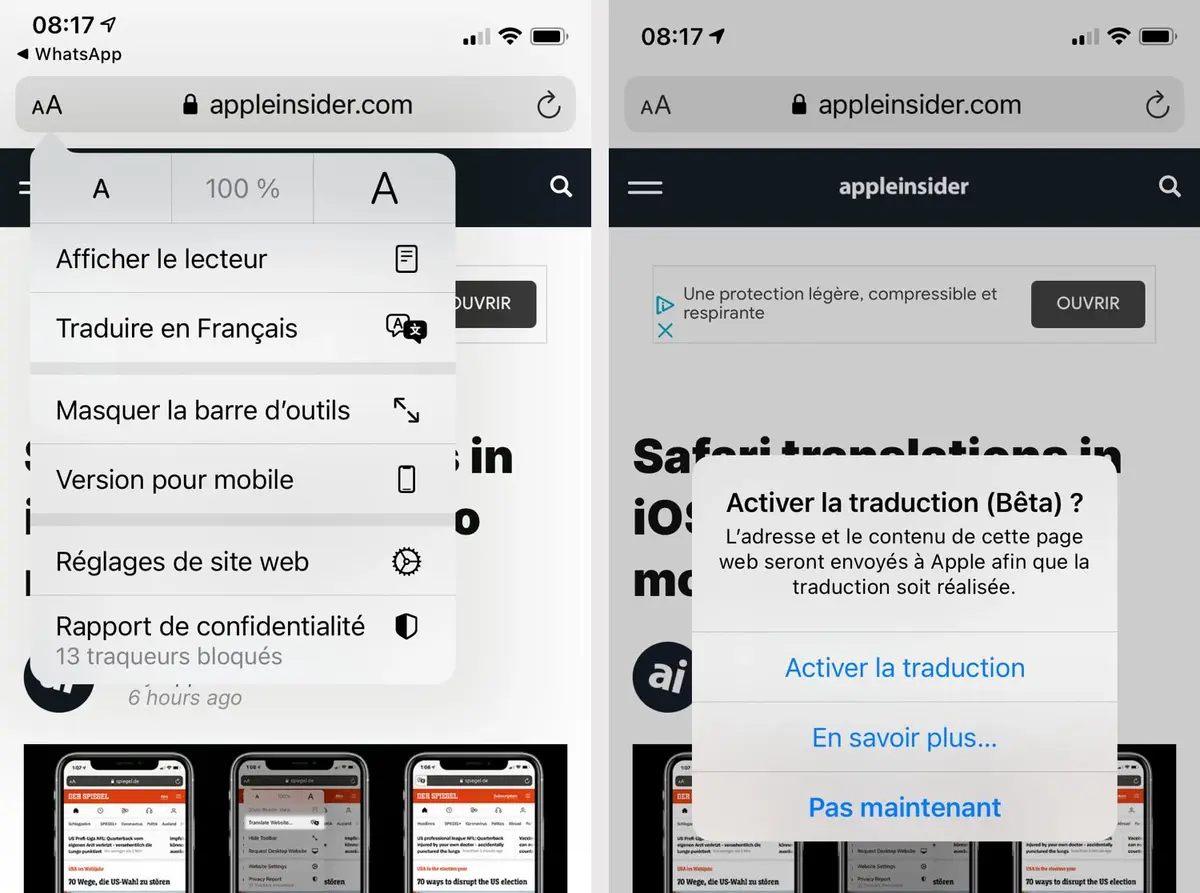 La traduction automatique arrive (lentement) sur Safari sous iOS14 et macOS Big Sur
