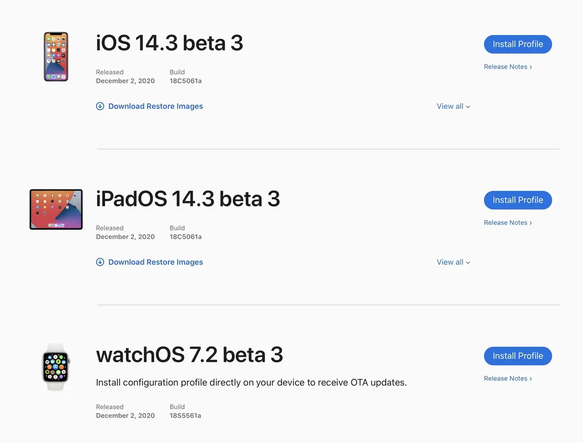 Troisième beta pour iOS/iPadOS 14.3,  watchOS 7.2 et tvOS 14.3