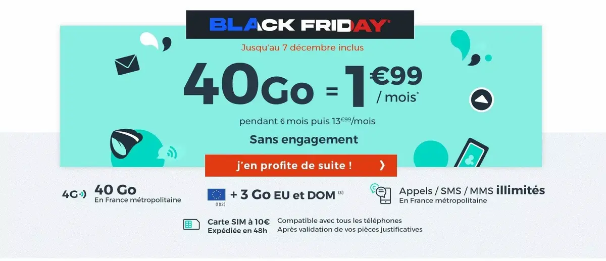 Forfait mobile 40Go/1,99€ (3Go en Europe) #BlackFriday