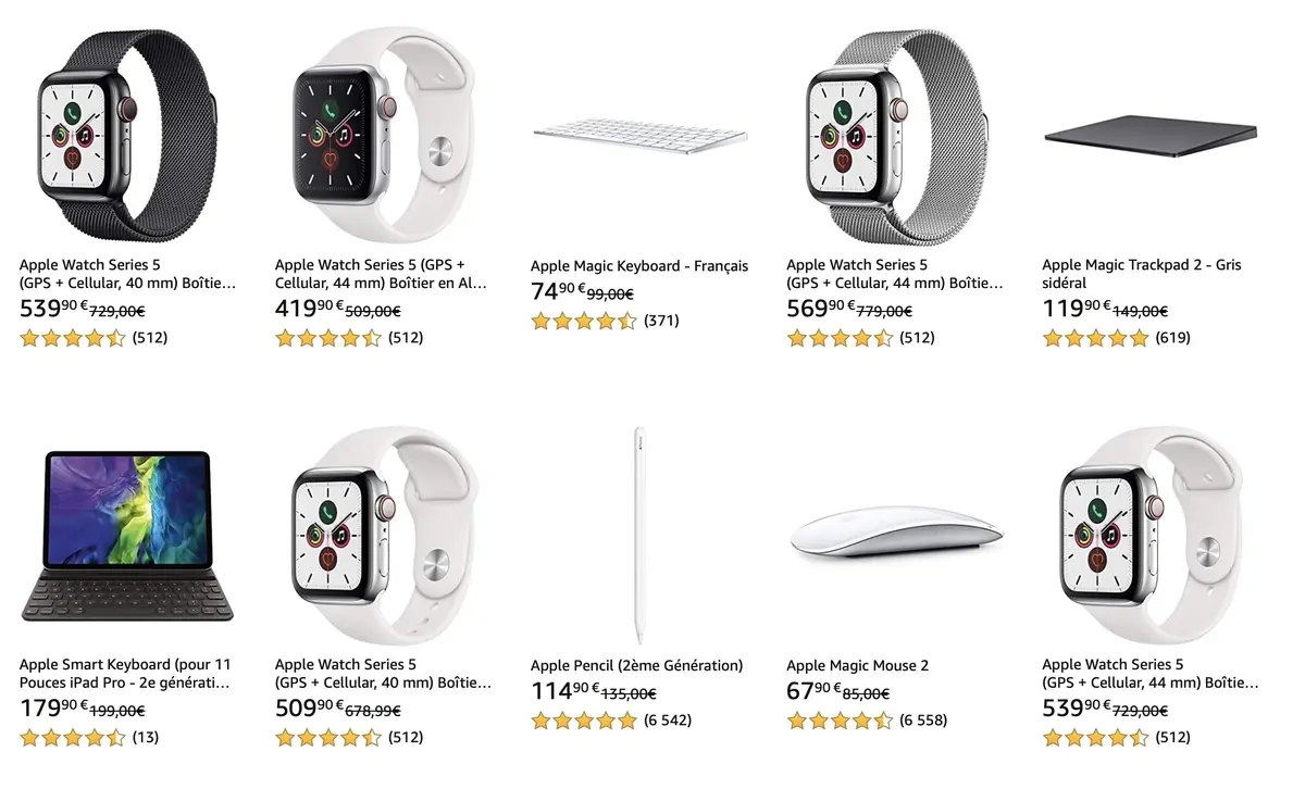 Apple Watch 5 à 419€, Magic Keyboard à 74€, Pencil 2 à 114€, Magic Mouse 2 à 67€