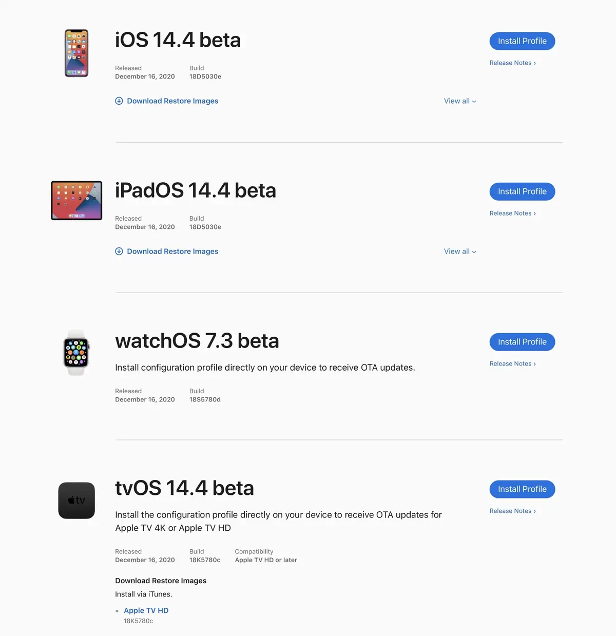 Première beta pour iOS 14.4, iPadOS 14.4, watchOS 7.3, et tvOS 14.4