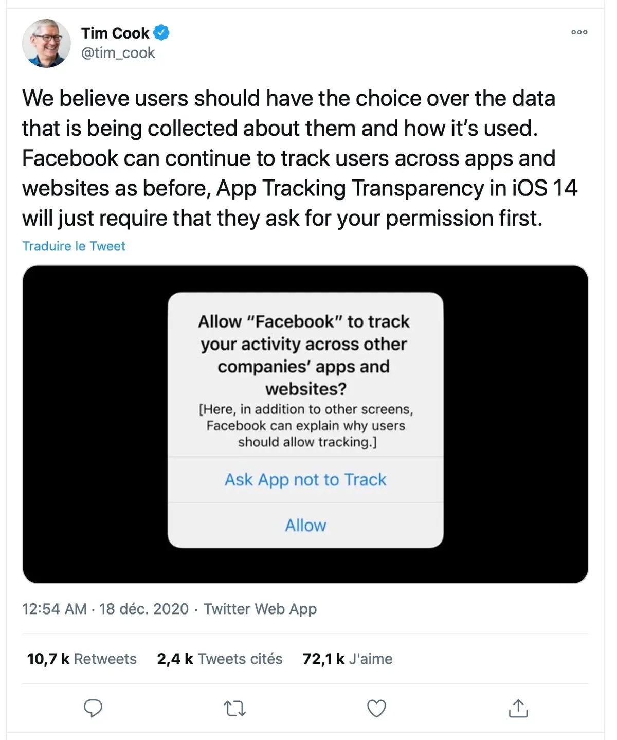 Anti-Tracking / confidentialité : Tim Cook répond à Facebook directement sur Twitter