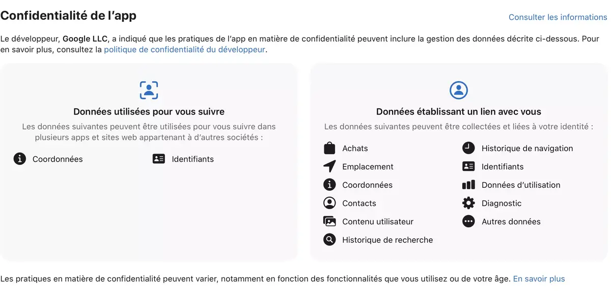 App Store : Google complète l'étiquette confidentialité de YouTube (et les autres ?)