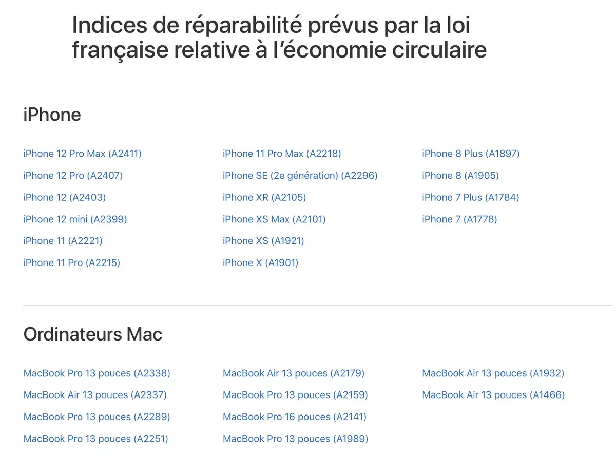 France : Apple publie les indices de réparabilité des iPhone et de certains Mac