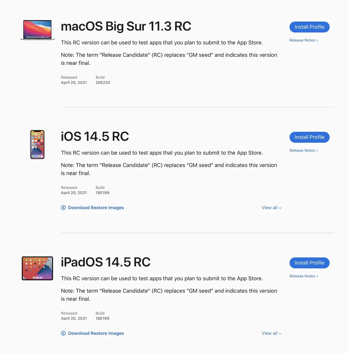 Big Sur 11.3, WatchOS 7.4, iOS, tvOS et iPadOS 14.5 en RC