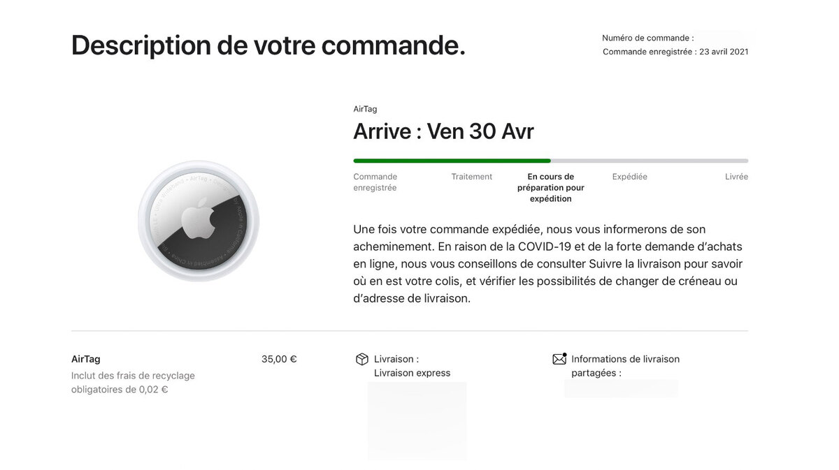Les premiers AirTags commandés sont "en cours de préparation pour expédition" !