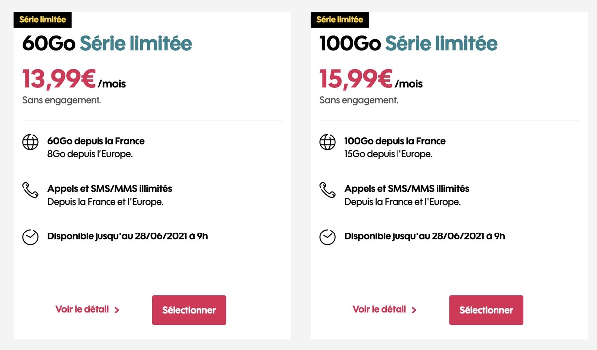 Sosh : 2 forfaits 60/100Go pour 13,99€/15,99€