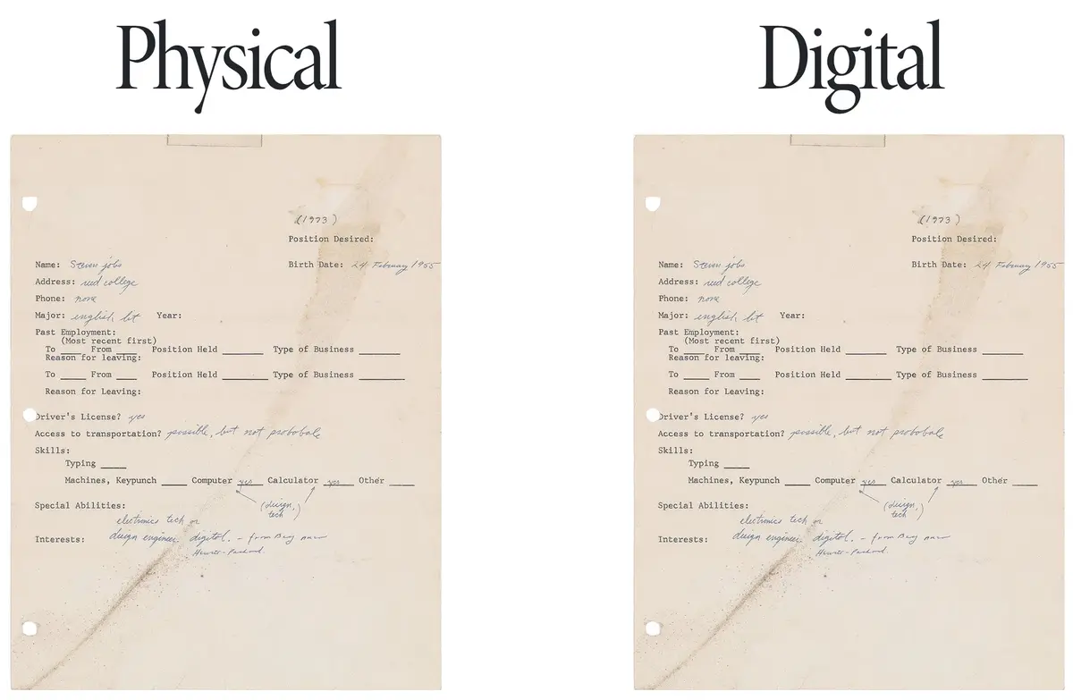 Le questionnaire d'embauche signé par Steve Jobs adjugé pour 366 209 $ (original + numérique)