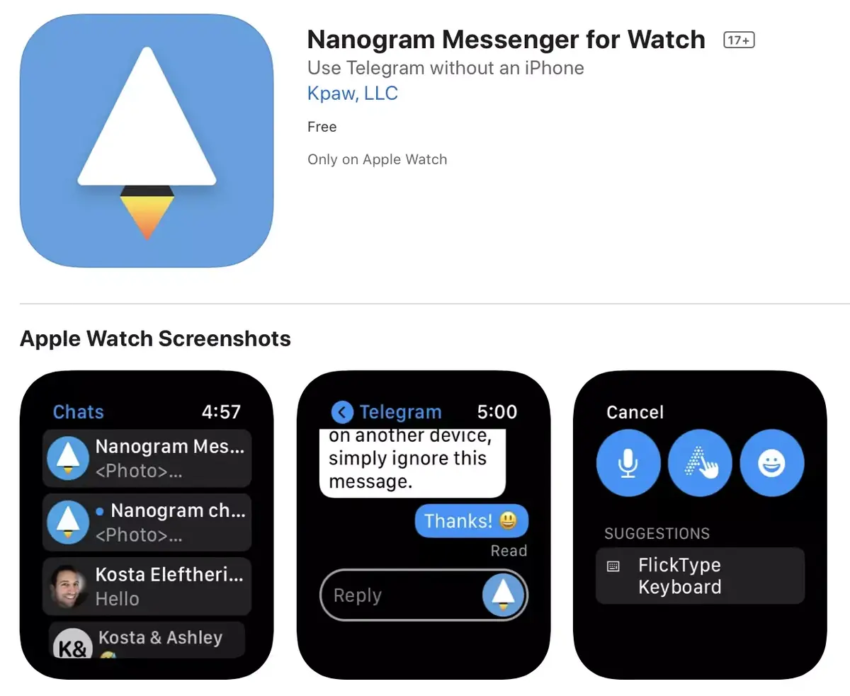 Nanogram Messenger permet d'utiliser Telegram sur son Apple Watch